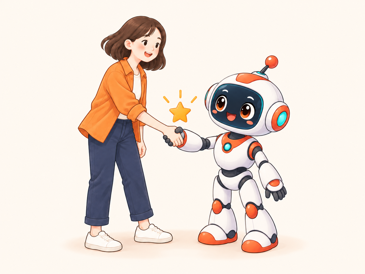 使い心地に納得し、ShopStarのロボットと笑顔で握手する女性