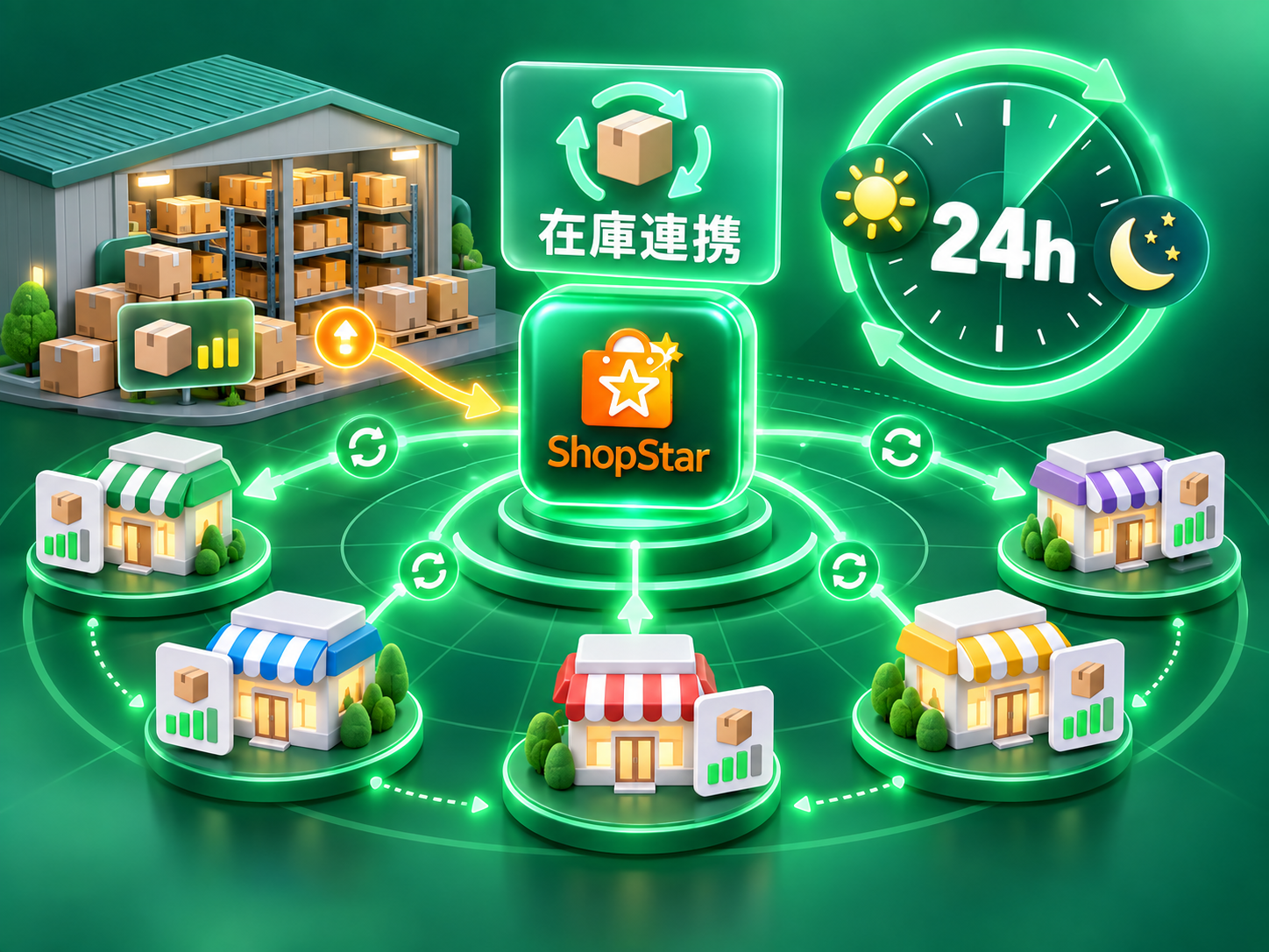 24hの時計と昼夜のマーク、中央のShopStarから仕入元と各店舗の在庫をつなぐ光のラインで、在庫監視と連携を表現したグリーン系の立体イラスト